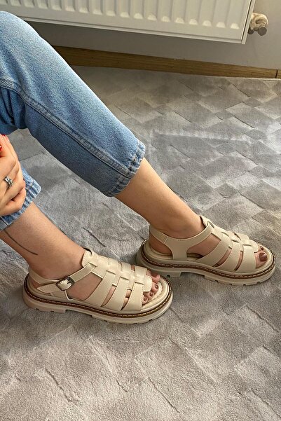 asmi shoes Women's Desma Beige 4 cm Cage Model Vardola Detailed Thick Sole Orthopedic Sandals