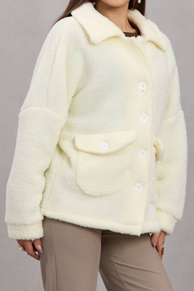 VAGGON Women's Cream Double Pocket Button Closure Plush Jacket Vs01671