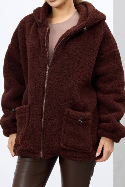 VAGGON Women's Bitter Brown Double Pocket Zipper Closure Hooded Plush Jacket Vs01682