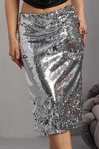 VAGGON Fusta midi gri cu paiete, cu fermoar, pentru femei Vs01683