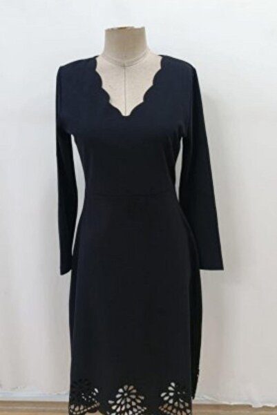 Mossta Φόρεμα Midi Εισαγόμενο από κρεπ με λεπτομέρεια κοπής με λέιζερ με λαιμόκοψη σε σχήμα V - Μαύρο