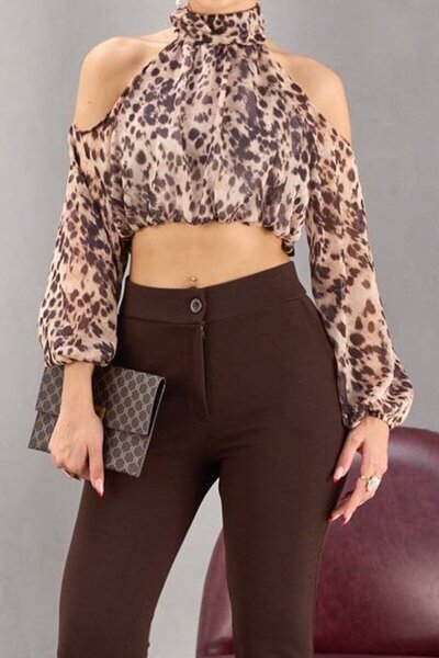 VAGGON Women's Leopard Halter Neck Leopard Print Crop Blouse Vs01677