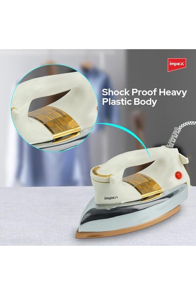 İMPEX Heavy Duty Dry Iron Box IB211, Ceramic Sole Plate, 2Kg, 6 Temps, Thermostat, Shockproof Body