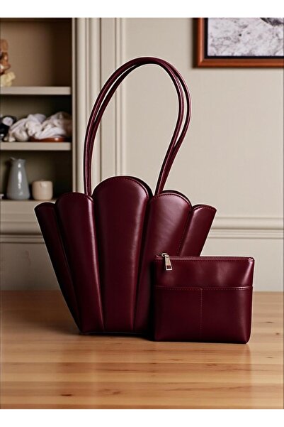 LEATHEROO Kadın Manolya Bordo Cüzdanlı Tasarım Omuz Çantası