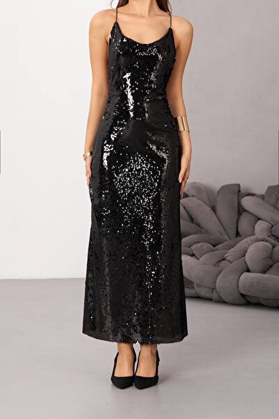 VAGGON Women's Black String Strap Backless Sequined Midi Skirt Vs01685