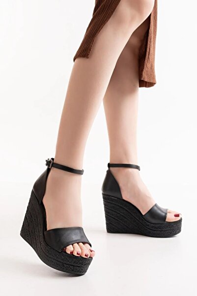 asmi shoes Women's Verla Black Single Strip High Wedge Sole Shoes