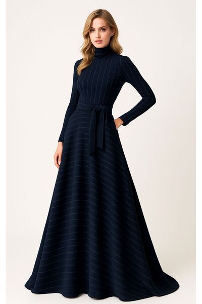 ALYEL NAKER Çizgili Desenli Lacivert Maxi Boy Uzun Kollu Dokuma Elbise