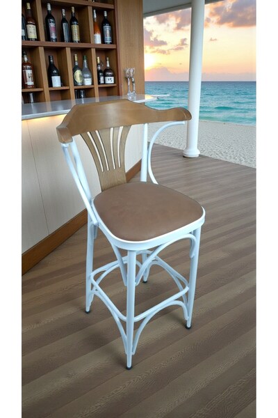 fursimo Alaçatı Serisi Beyaz Metal Ayaklı Deri Kumaş Ahsap Sırt Dayamalı 65CM...