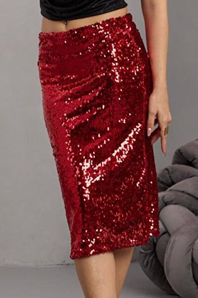 VAGGON Fusta midi cu paiete, roșie, cu închidere cu fermoar, pentru femei Vs01683