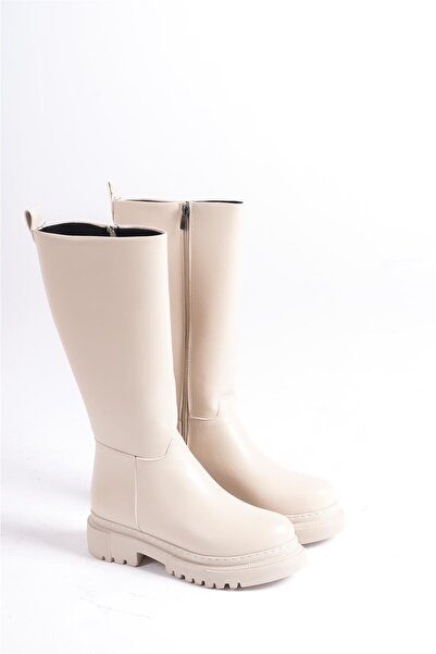 asmi shoes Γυναικείες μπότες Kimbel Cream με φερμουάρ και χοντρή σόλα μέχρι το γόνατο 2303