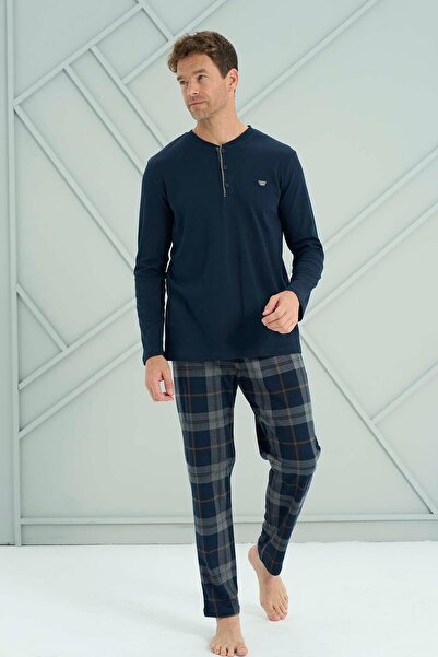 REMSA Men's Combed Cotton Long Sleeve Pajama Set 2231 Navy Blue05