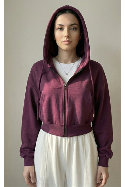 Köstebek Transitional Crop-Top Zippered Plum Hooded