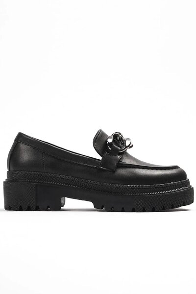 asmi shoes Women's Leo Black Chain Buckle Thick Sole Loafer Moccasin Shoes