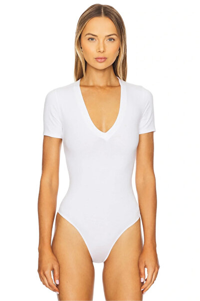 bysoca Kadın Beyaz V Yaka Kısa Kollu Alttan Çıtçıtlı Çift Kat Sandy Kumaş Basic Tanga Bodysuit