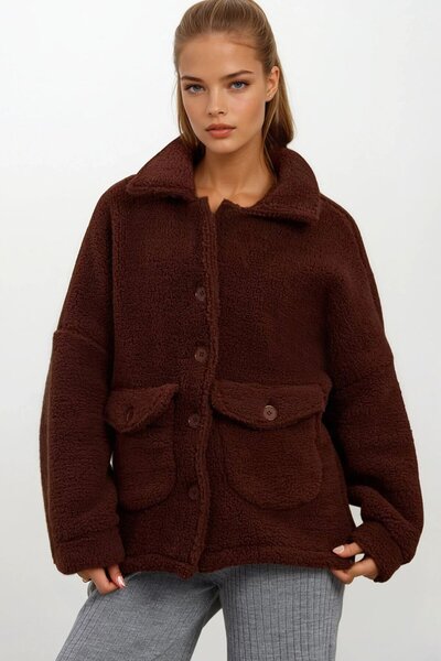 VAGGON Women's Brown Double Pocket Button Closure Plush Jacket Vs01671