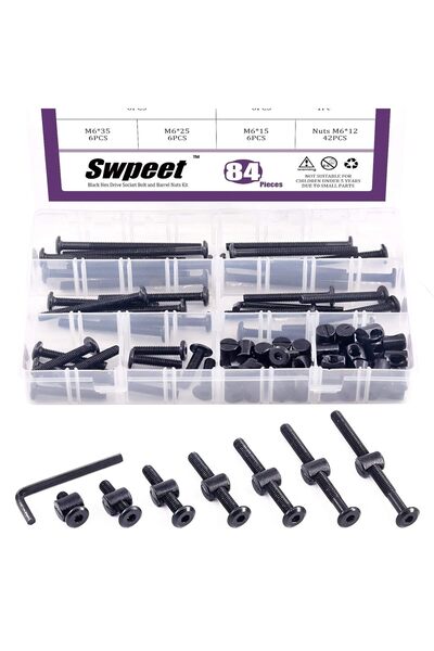 Swpeet 84-piece M6 bolts & barrel nuts set (15–75mm) with 1 Allen key for fur...