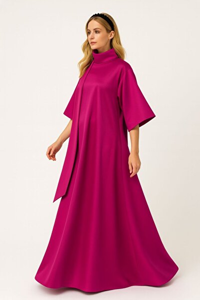 ALYEL NAKER Sarkıt Kuşak Detaylı Fuşya Saten A-Form Maxi Elbise