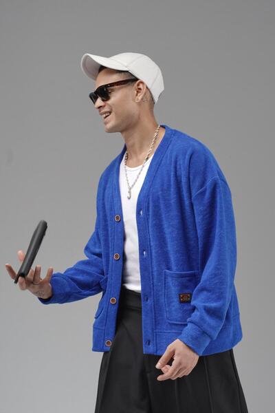 king brich Oversized Pattern Men's Cardigan with Logo Detail