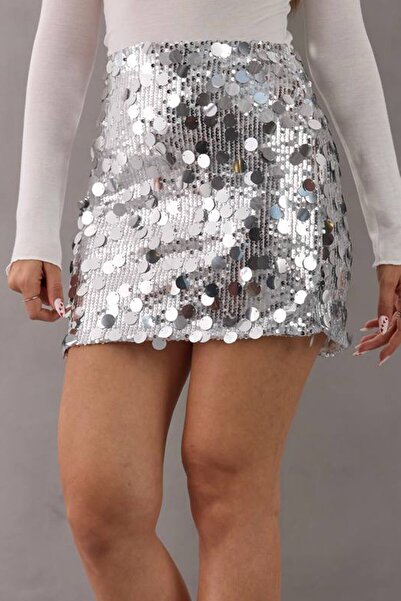 VAGGON Fusta mini cu paiete gri pentru femei, cu închidere cu fermoar Vs01684