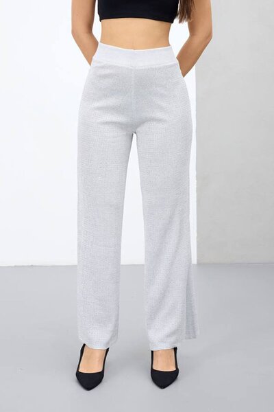 VAGGON Women's Gray High Waist Elastic Waist Palazzo Knitwear Trousers Vs01679