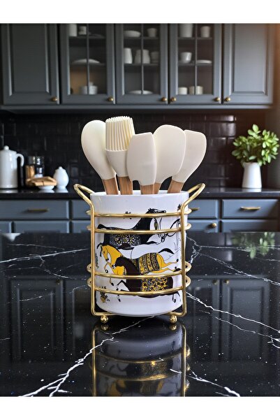 ferayhome Kitchen Accessory Ceramic Spoon Rest Dark Herm Horse Pattern Gold - Feray Home