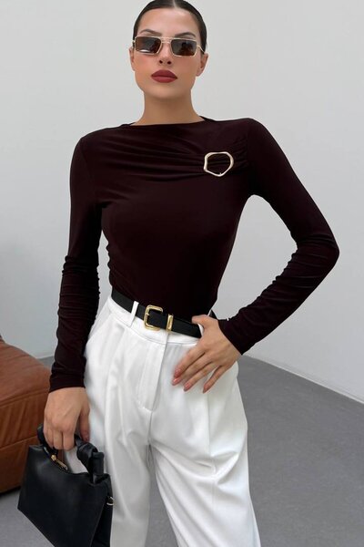 VAGGON Γυναικεία μακρυμάνικη μπλούζα με αγκράφα Bitter Brown ντραπέ Vs01666