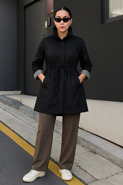 comstar Trench scurt negru basic căptușit cu dungi pentru femei