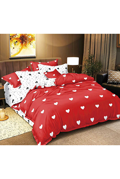 trendyhome Double Bed Linen, 4 Pieces, Satin Cotton, Hearts, Red/White, i14614-Elastic