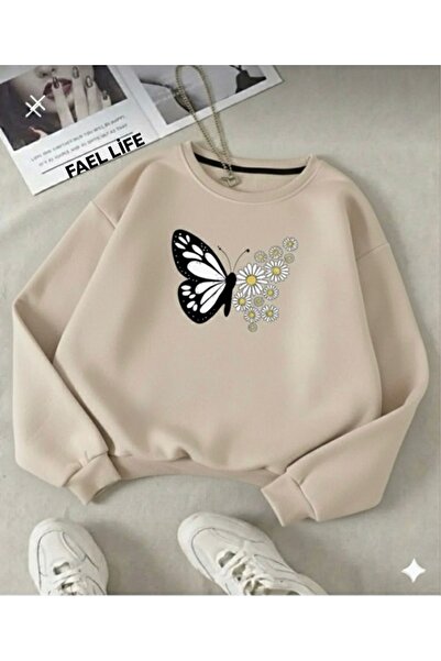 FAEL LİFE KADIN/KIZ SIFIR YAKA KELEBEK PAPATYA BASKI KAZAK GENİŞ KESİM