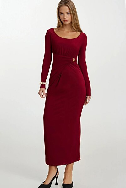 VAGGON Γυναικείο φόρεμα με λεπτομέρεια με αγκράφα σε μπορντό χρώμα ντραπέ Midi φόρεμα Vs01669