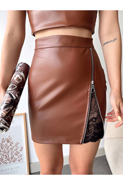 Zerenyus Lace Zippered Leather Skirt Brown