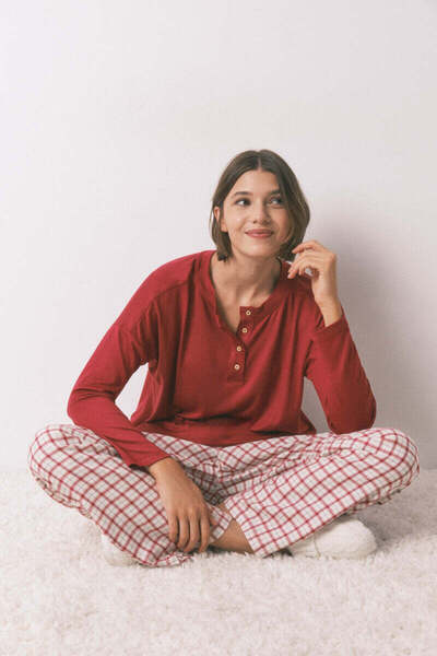 Women'secret تي شيرت جيرسي محبوك بأكمام طويلة من جلد الغزال الأحمر