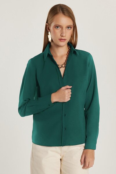 Tudors Women's Slim Fit Slim Fit Long Sleeve Cotton Bodycon Textured Green Basic Shirt