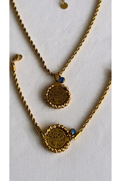 By Semra Kuyumcu Model Burgu Zincir Dorika Hayat Ağacı,Yaşam Çiçeği Nazar Detay Kolye-Bileklik Set
