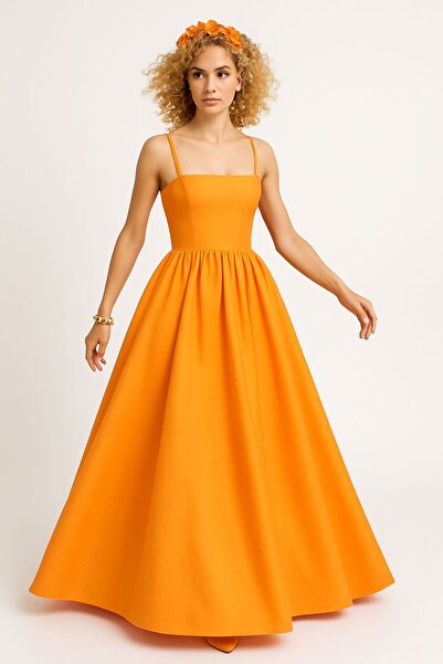 ALYEL NAKER Askılı Turuncu Tafta Maxi Tam Daire Elbise