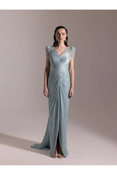 Kenzel Pileli Omuz Detaylı Abiye Elbise - Modern ve Şık