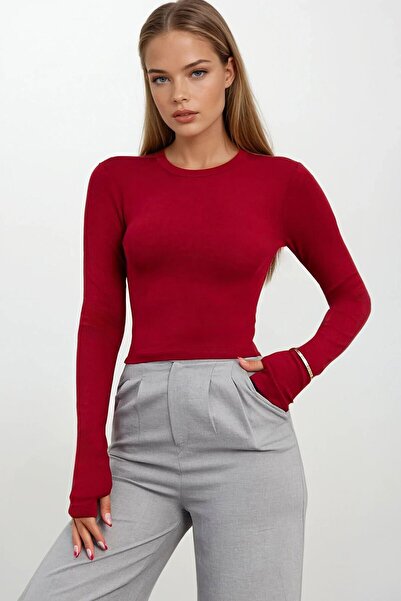 VAGGON Women's Red Crew Neck Finger Detail Basic Blouse Vs01680