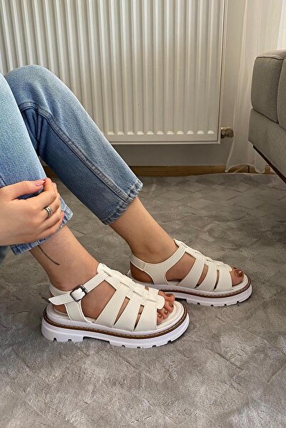 asmi shoes Women's Desma White 4 cm Cage Model Vardola Detailed Thick Sole Orthopedic Sandals