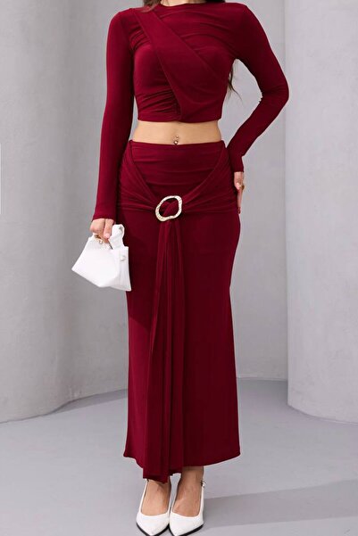 VAGGON Women's Burgundy Draped Long Sleeve Blouse and Buckle Detailed Skirt Set Vs01667