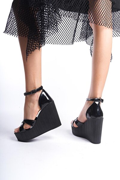 asmi shoes Women's Verla Cross Strap Black Patent Leather High Heeled Wedge Sole Shoes