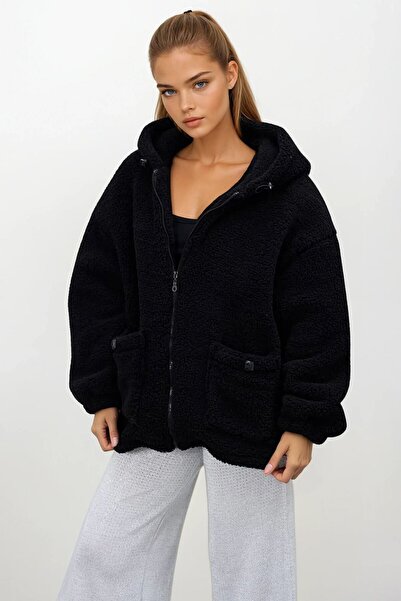 VAGGON Women's Black Double Pocket Zipper Closure Hooded Plush Jacket Vs01682