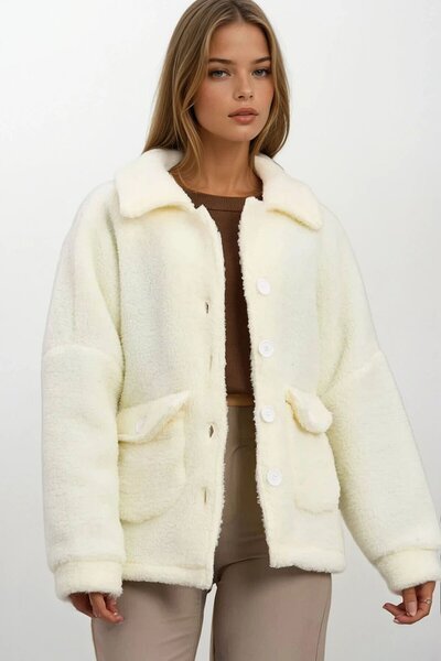 VAGGON Women's Cream Double Pocket Button Closure Plush Jacket Vs01671