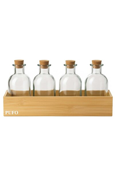 PUFO Set of 4 Bottles with Cork Stopper and Bamboo Stand– For Oil, Vinegar, Dressings, Sauces, Condiments