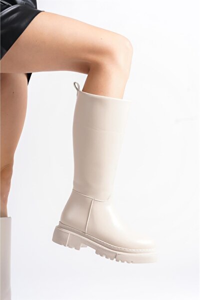 asmi shoes Γυναικείες μπότες Kimbel Cream με φερμουάρ και χοντρή σόλα μέχρι το γόνατο 2303