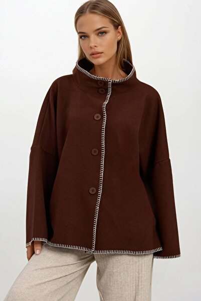 VAGGON Γυναικείο παλτό με φαρδύ μανίκι με καφέ κουμπιά ραφές σε αντίθεση τεμαχίων άνοιγμα Vs01673