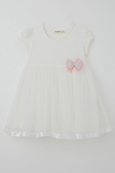 Breeze Girl's Dress with Tulle and Glitter Bow Accessory, Ages 2-6, Ecru