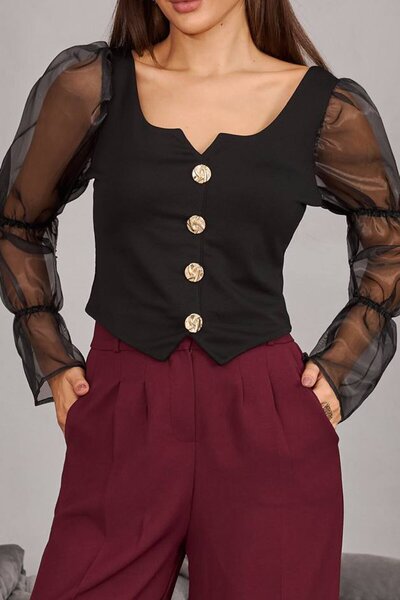 VAGGON Γυναικεία μπλούζα με μαύρο σιφόν με κουμπιά με τετράγωνο λαιμό Vs01686