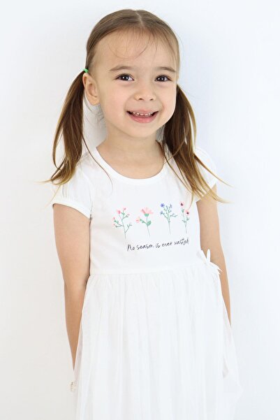 Breeze Girl's Dress Flower Printed Tulle Bow Detail 1.5-5 Years Old, Ecru