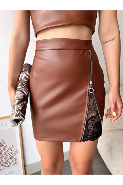 Zerenyus Lace Zippered Leather Skirt Brown