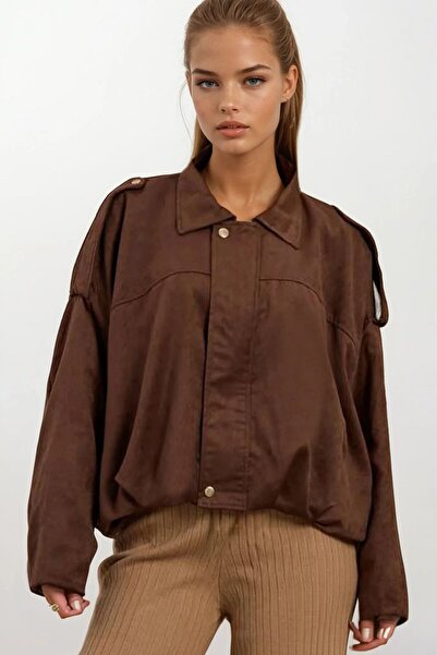 VAGGON Γυναικείο καφέ μπουφάν με λεπτομέρεια με φερμουάρ και επένδυση Bomber Suede Vs01670
